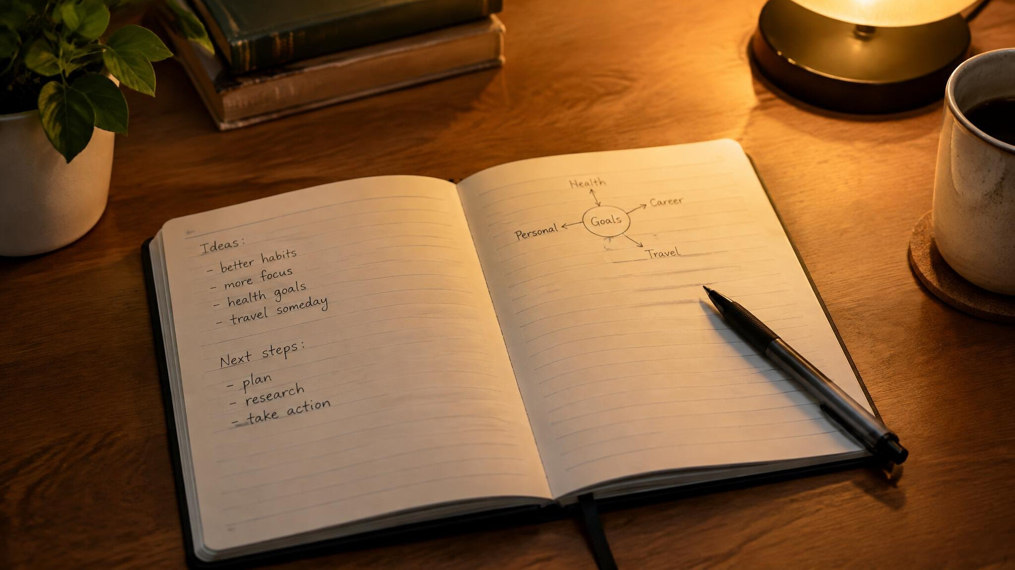 Notebook and pen on a desk with handwritten notes