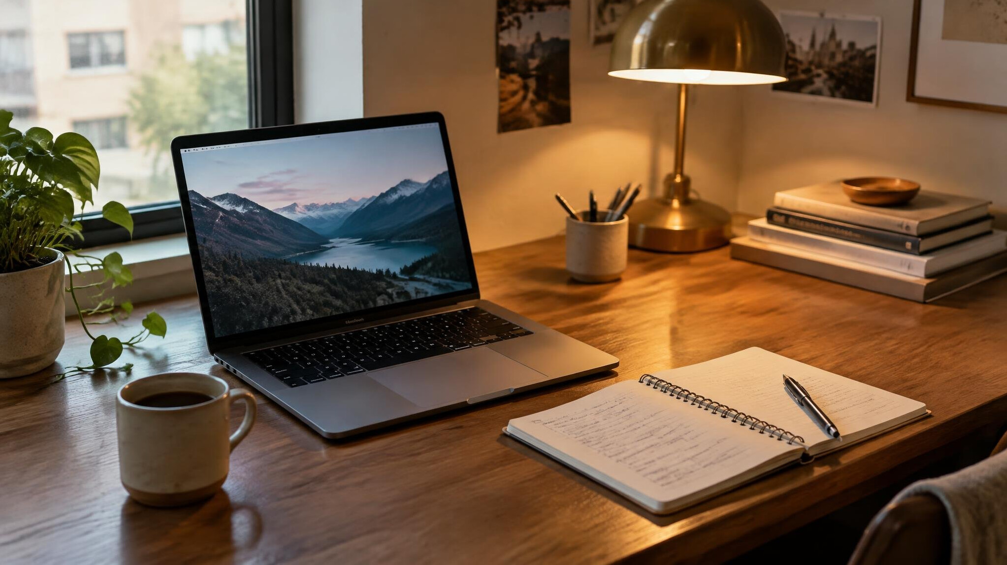 Desk with laptop and notes in a cozy workspace